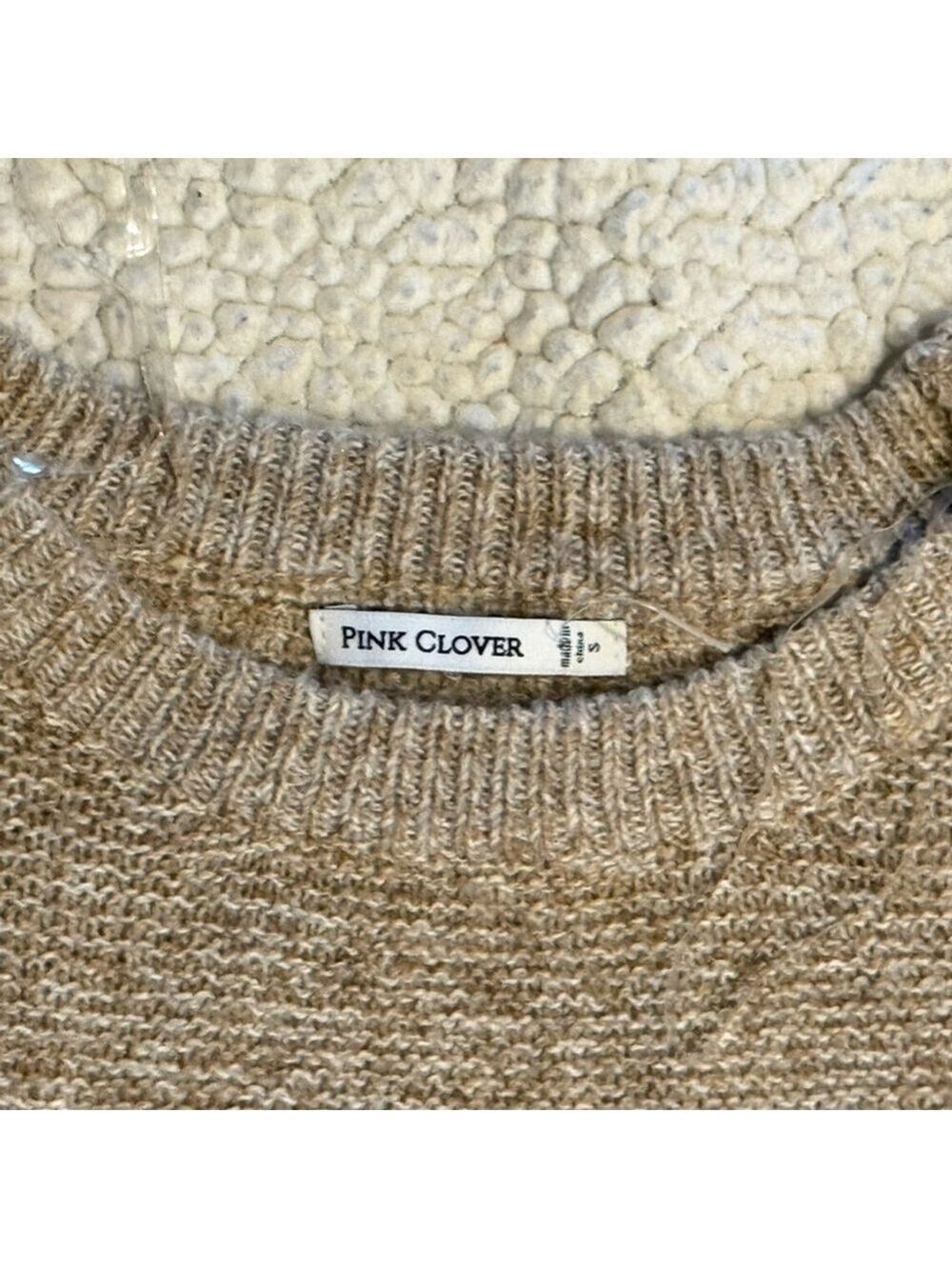 Pink Clover Beige Knit Sweater Small Neutral Lightweight Crewneck Pullover Cozy - Picture 4 of 16